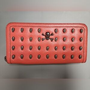 Edgy Skull-Studded Coral Wallet
